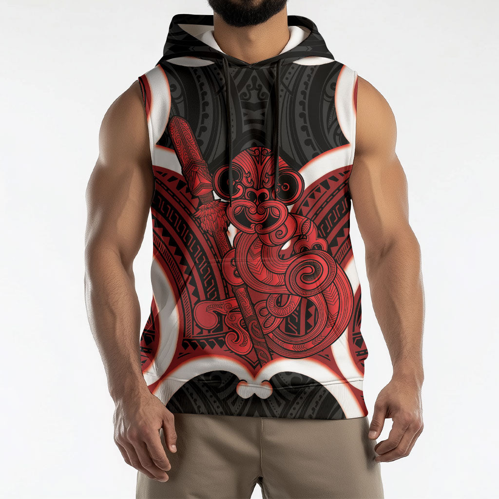 Whero Aotearoa Atua Tumatauenga Personalised Sleeveless Hoodie Maori God Of War Tiki With Taiaha LT14 - Polynesian Pride