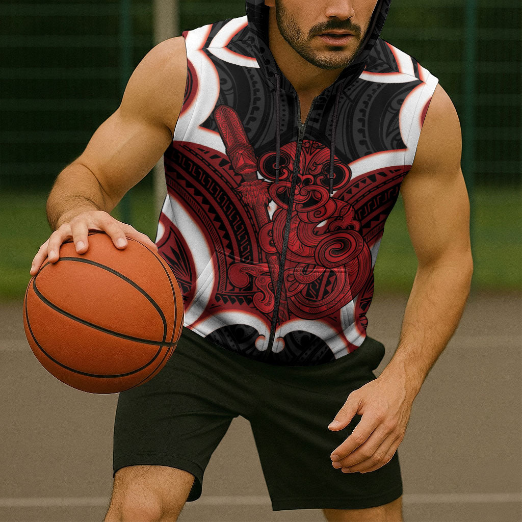 Whero Aotearoa Atua Tumatauenga Personalised Sleeveless Zip Hoodie Maori God Of War Tiki With Taiaha LT14 - Polynesian Pride