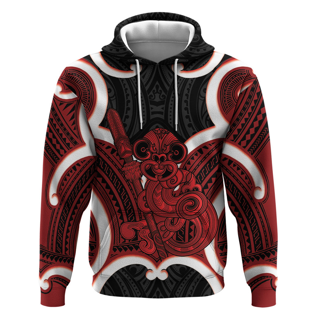 Whero Aotearoa Atua Tumatauenga Personalised Zip Hoodie Maori God Of War Tiki With Taiaha LT14 Pullover Hoodie Red - Polynesian Pride