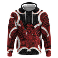 Whero Aotearoa Atua Tumatauenga Personalised Zip Hoodie Maori God Of War Tiki With Taiaha LT14 Pullover Hoodie Red - Polynesian Pride