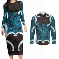 Kikorangi Aotearoa Atua Tumatauenga Personalised Couples Matching Long Sleeve Bodycon Dress and Long Sleeve Button Shirt Maori God Of War Tiki With Taiaha LT14 Blue - Polynesian Pride