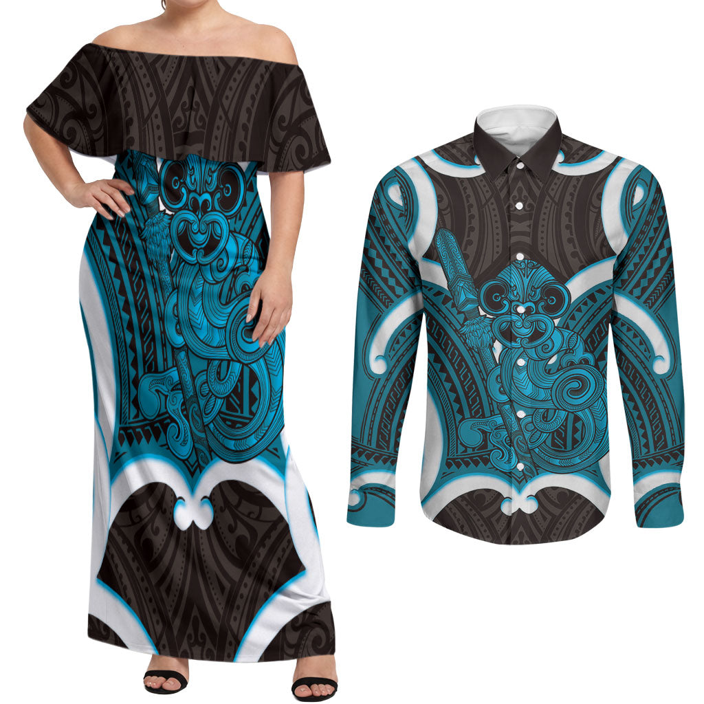 Kikorangi Aotearoa Atua Tumatauenga Personalised Couples Matching Off Shoulder Maxi Dress and Long Sleeve Button Shirt Maori God Of War Tiki With Taiaha
