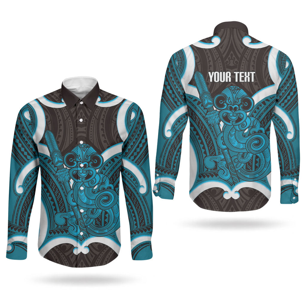 Kikorangi Aotearoa Atua Tumatauenga Personalised Couples Matching Off Shoulder Maxi Dress and Long Sleeve Button Shirt Maori God Of War Tiki With Taiaha
