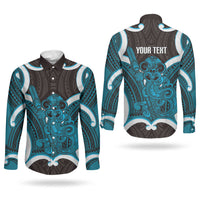 Kikorangi Aotearoa Atua Tumatauenga Personalised Couples Matching Off Shoulder Maxi Dress and Long Sleeve Button Shirt Maori God Of War Tiki With Taiaha