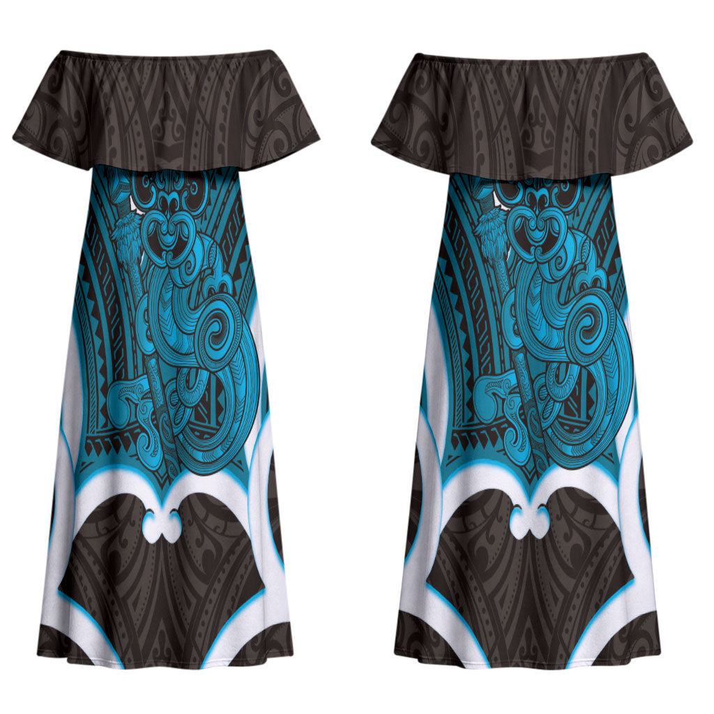 Kikorangi Aotearoa Atua Tumatauenga Personalised Couples Matching Off Shoulder Maxi Dress and Long Sleeve Button Shirt Maori God Of War Tiki With Taiaha