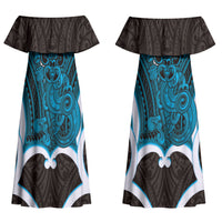 Kikorangi Aotearoa Atua Tumatauenga Personalised Couples Matching Off Shoulder Maxi Dress and Long Sleeve Button Shirt Maori God Of War Tiki With Taiaha