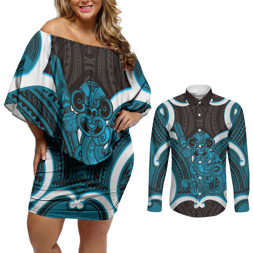 Kikorangi Aotearoa Atua Tumatauenga Personalised Couples Matching Off Shoulder Short Dress and Long Sleeve Button Shirt Maori God Of War Tiki With Taiaha LT14 Blue - Polynesian Pride