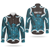 Kikorangi Aotearoa Atua Tumatauenga Personalised Couples Matching Off The Shoulder Long Sleeve Dress and Long Sleeve Button Shirt Maori God Of War Tiki With Taiaha LT14 - Polynesian Pride
