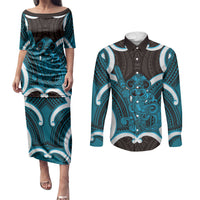 Kikorangi Aotearoa Atua Tumatauenga Personalised Couples Matching Puletasi and Long Sleeve Button Shirt Maori God Of War Tiki With Taiaha LT14 Blue - Polynesian Pride