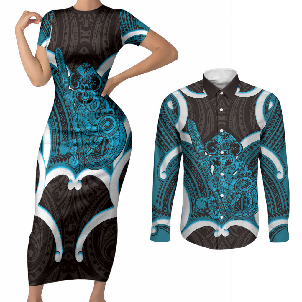 Kikorangi Aotearoa Atua Tumatauenga Personalised Couples Matching Short Sleeve Bodycon Dress and Long Sleeve Button Shirt Maori God Of War Tiki With Taiaha LT14 Blue - Polynesian Pride