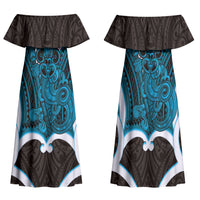 Kikorangi Aotearoa Atua Tumatauenga Personalised Family Matching Off Shoulder Maxi Dress and Hawaiian Shirt Maori God Of War Tiki With Taiaha LT14 Mom's Dress Blue - Polynesian Pride