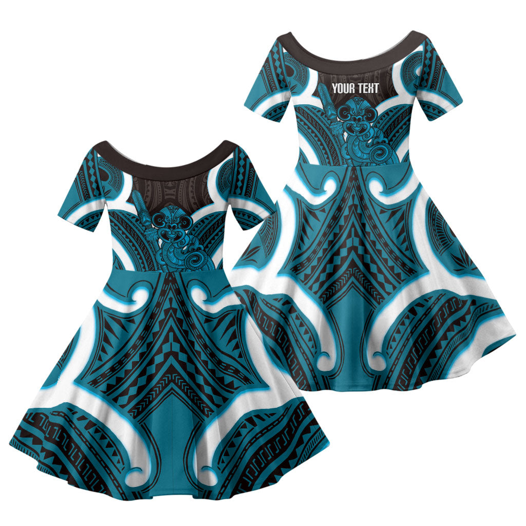 Kikorangi Aotearoa Atua Tumatauenga Personalised Family Matching Off Shoulder Maxi Dress and Hawaiian Shirt Maori God Of War Tiki With Taiaha LT14 Daughter's Dress Blue - Polynesian Pride