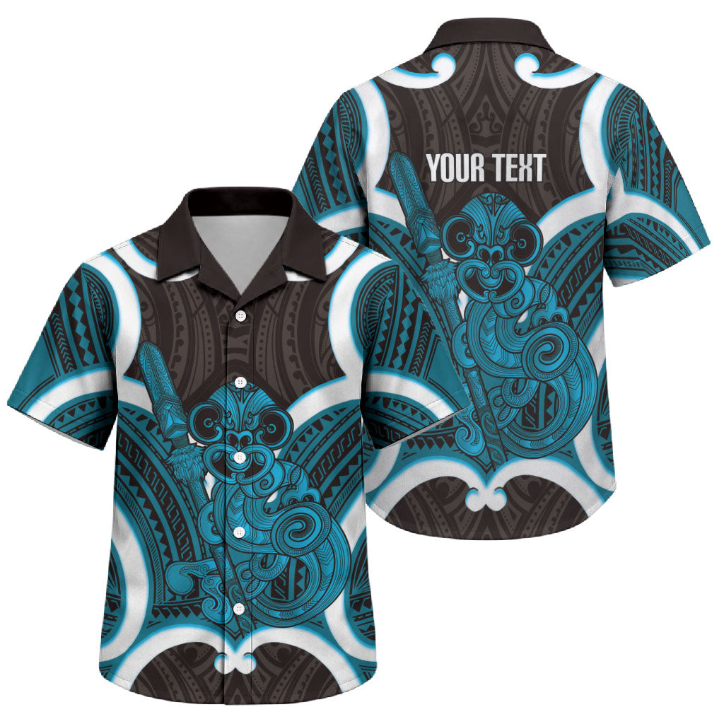 Kikorangi Aotearoa Atua Tumatauenga Personalised Family Matching Off Shoulder Maxi Dress and Hawaiian Shirt Maori God Of War Tiki With Taiaha LT14 Son's Shirt Blue - Polynesian Pride
