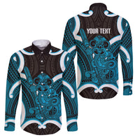 Kikorangi Aotearoa Atua Tumatauenga Personalised Family Matching Puletasi and Hawaiian Shirt Maori God Of War Tiki With Taiaha LT14 Dad's Shirt - Long Sleeve Blue - Polynesian Pride
