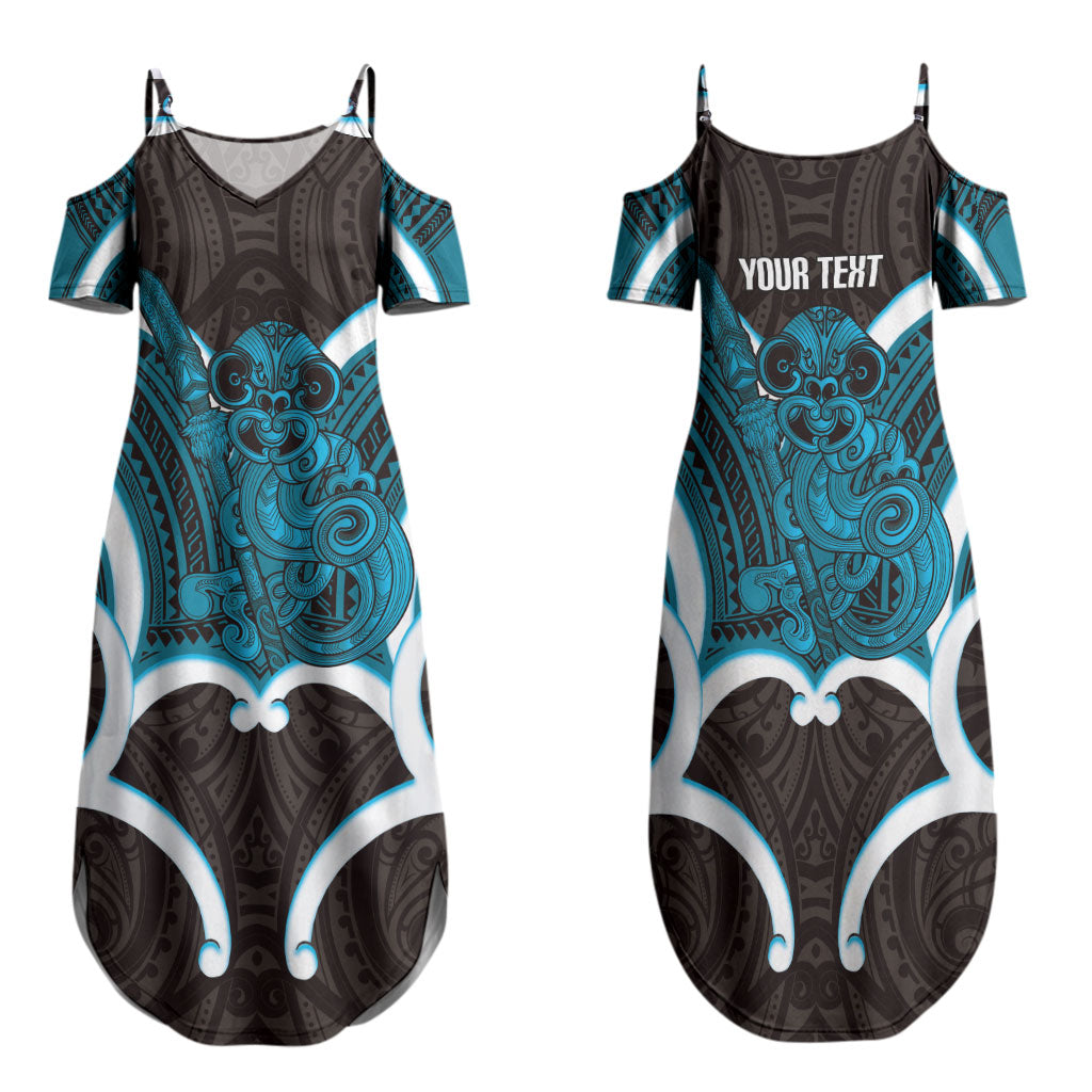 Kikorangi Aotearoa Atua Tumatauenga Personalised Family Matching Summer Maxi Dress and Hawaiian Shirt Maori God Of War Tiki With Taiaha LT14 Mom's Dress Blue - Polynesian Pride