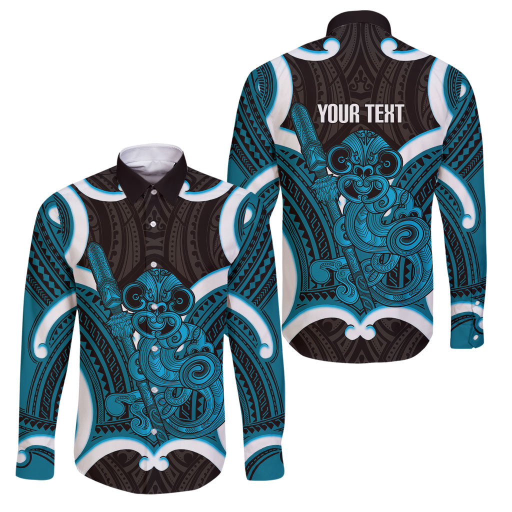 Kikorangi Aotearoa Atua Tumatauenga Personalised Family Matching Summer Maxi Dress and Hawaiian Shirt Maori God Of War Tiki With Taiaha LT14 Dad's Shirt - Long Sleeve Blue - Polynesian Pride
