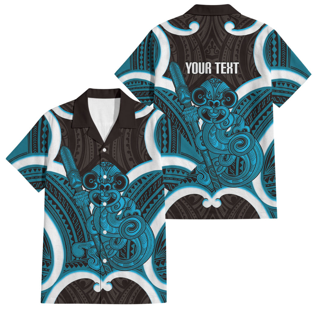 Kikorangi Aotearoa Atua Tumatauenga Personalised Family Matching Tank Maxi Dress and Hawaiian Shirt Maori God Of War Tiki With Taiaha LT14 Dad's Shirt - Short Sleeve Blue - Polynesian Pride