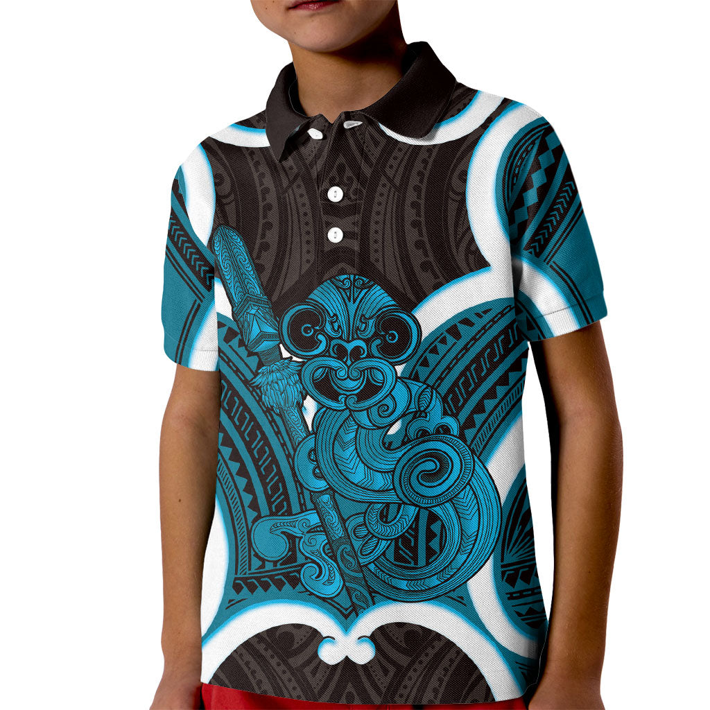 Kikorangi Aotearoa Atua Tumatauenga Personalised Kid Polo Shirt Maori God Of War Tiki With Taiaha LT14 Kid Blue - Polynesian Pride