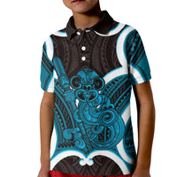 Kikorangi Aotearoa Atua Tumatauenga Personalised Kid Polo Shirt Maori God Of War Tiki With Taiaha LT14 Kid Blue - Polynesian Pride