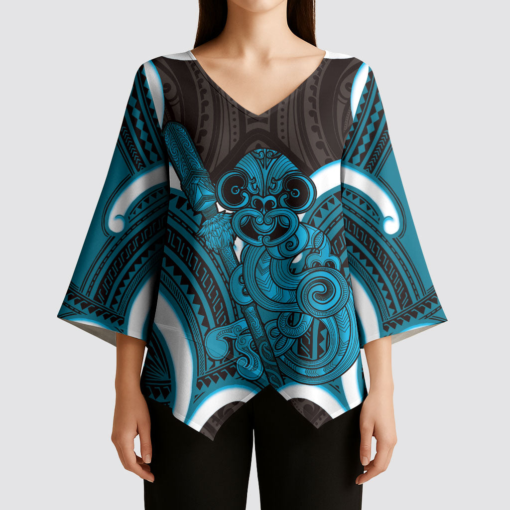 Kikorangi Aotearoa Atua Tumatauenga Personalised Kimono Sleeve Blouse Maori God Of War Tiki With Taiaha LT14 - Polynesian Pride
