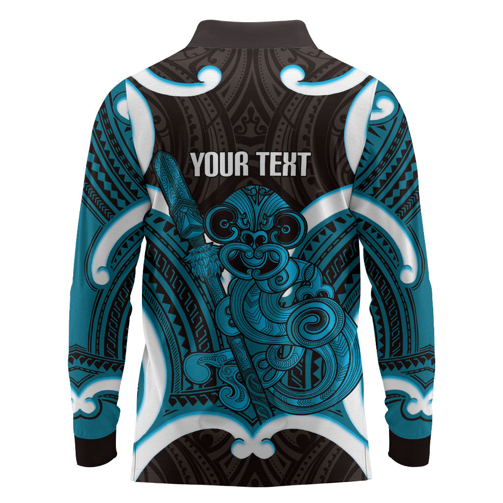Kikorangi Aotearoa Atua Tumatauenga Personalised Long Sleeve Polo Shirt Maori God Of War Tiki With Taiaha LT14 - Polynesian Pride