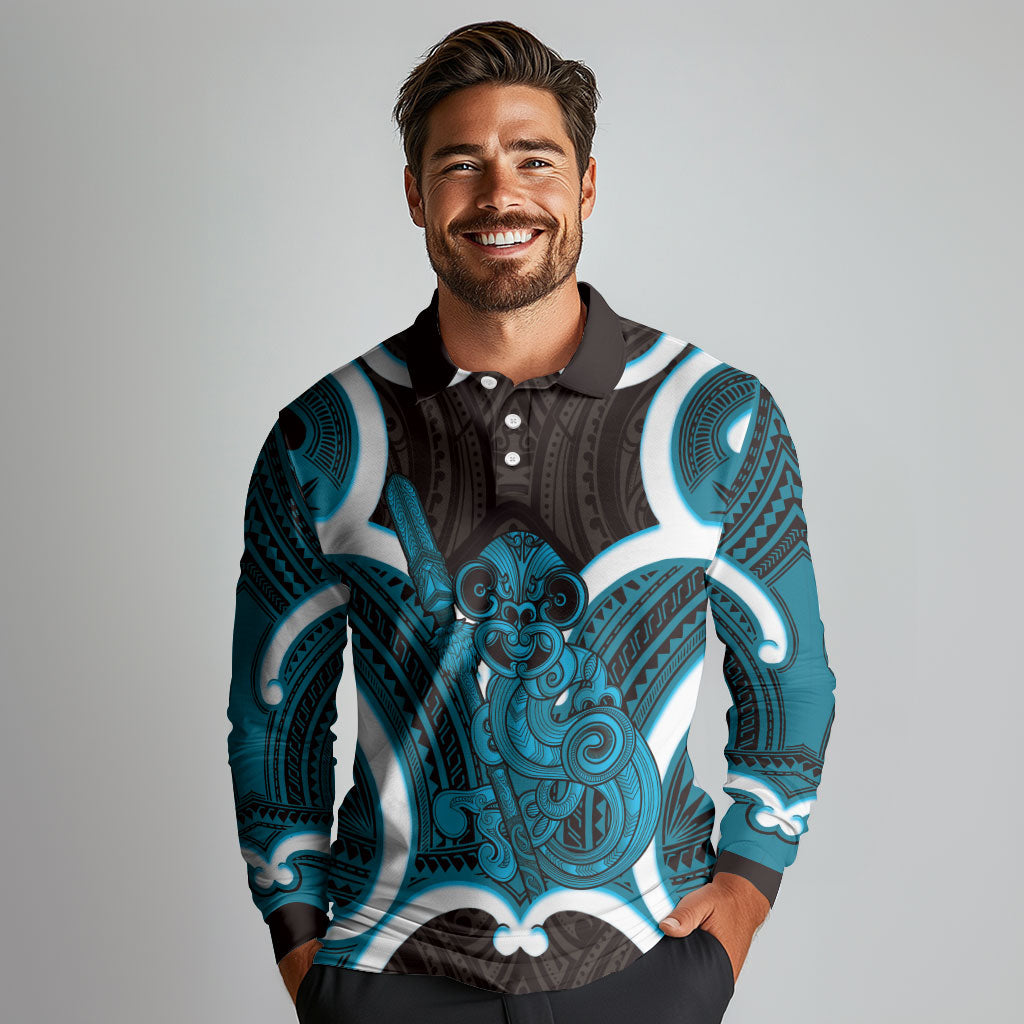 Kikorangi Aotearoa Atua Tumatauenga Personalised Long Sleeve Polo Shirt Maori God Of War Tiki With Taiaha LT14 - Polynesian Pride