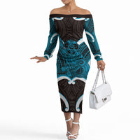 Kikorangi Aotearoa Atua Tumatauenga Personalised Off The Shoulder Long Sleeve Dress Maori God Of War Tiki With Taiaha LT14 Women Blue - Polynesian Pride