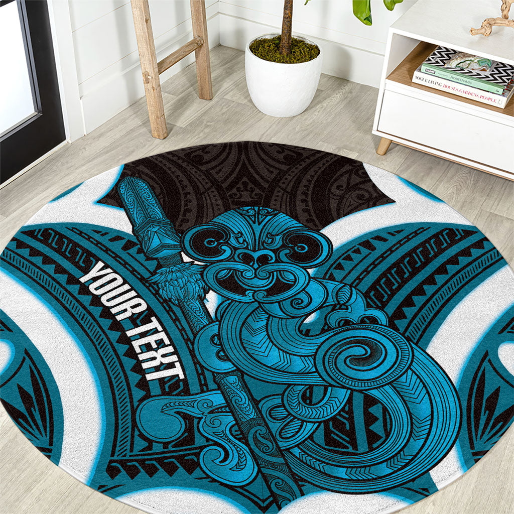 Kikorangi Aotearoa Atua Tumatauenga Personalised Round Carpet Maori God Of War Tiki With Taiaha LT14 Blue - Polynesian Pride