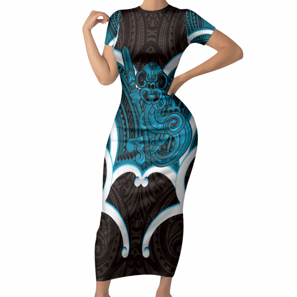 Kikorangi Aotearoa Atua Tumatauenga Personalised Short Sleeve Bodycon Dress Maori God Of War Tiki With Taiaha