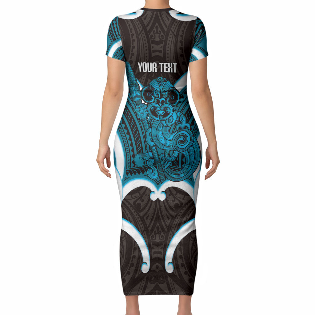 Kikorangi Aotearoa Atua Tumatauenga Personalised Short Sleeve Bodycon Dress Maori God Of War Tiki With Taiaha