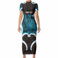 Kikorangi Aotearoa Atua Tumatauenga Personalised Short Sleeve Bodycon Dress Maori God Of War Tiki With Taiaha
