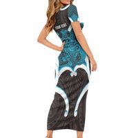 Kikorangi Aotearoa Atua Tumatauenga Personalised Short Sleeve Bodycon Dress Maori God Of War Tiki With Taiaha