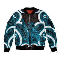Kikorangi Aotearoa Atua Tumatauenga Personalised Sleeve Zip Bomber Jacket Maori God Of War Tiki With Taiaha LT14 Unisex Blue - Polynesian Pride