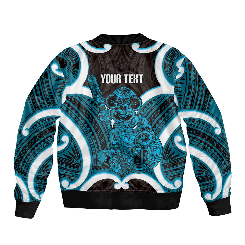 Kikorangi Aotearoa Atua Tumatauenga Personalised Sleeve Zip Bomber Jacket Maori God Of War Tiki With Taiaha LT14 - Polynesian Pride