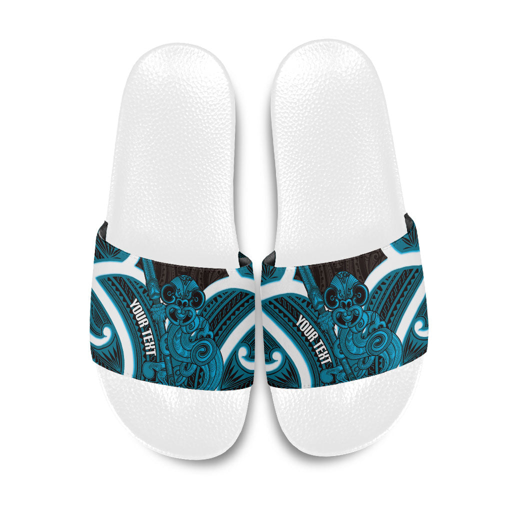 Kikorangi Aotearoa Atua Tumatauenga Personalised Slide Sandals Maori God Of War Tiki With Taiaha LT14 Blue - Polynesian Pride