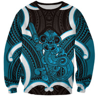 Kikorangi Aotearoa Atua Tumatauenga Personalised Sweatshirt Maori God Of War Tiki With Taiaha LT14 Unisex Blue - Polynesian Pride