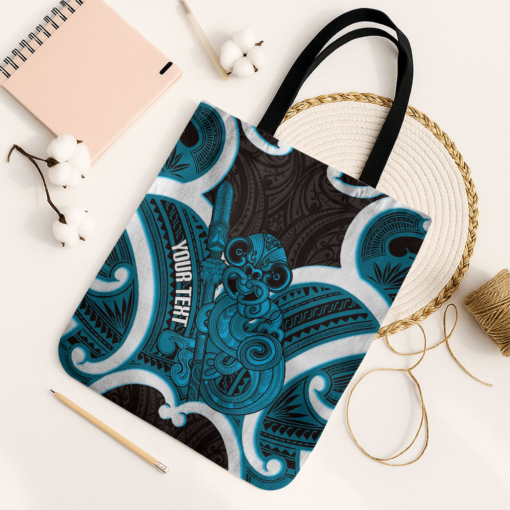 Kikorangi Aotearoa Atua Tumatauenga Personalised Tote Bag Maori God Of War Tiki With Taiaha LT14 Black Strap One Size Blue - Polynesian Pride