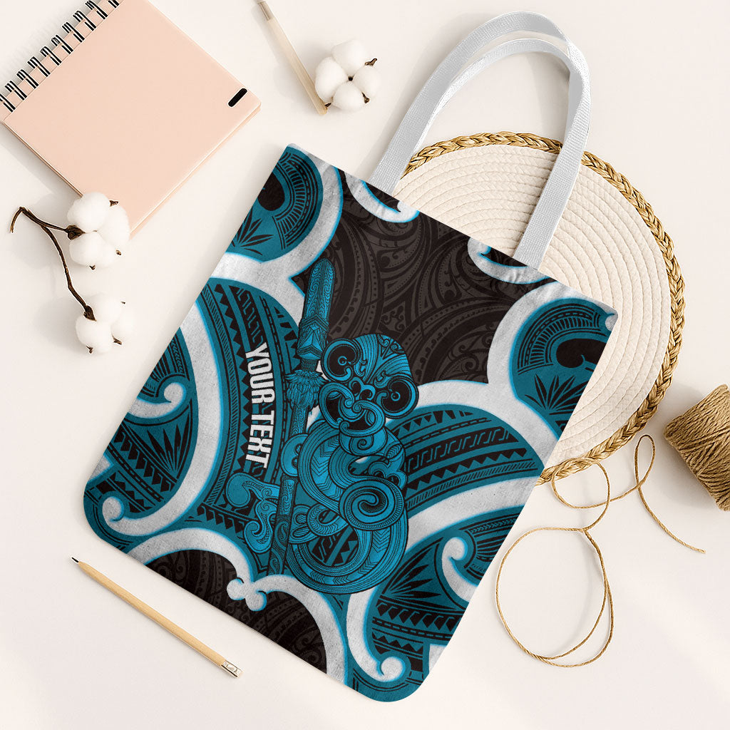 Kikorangi Aotearoa Atua Tumatauenga Personalised Tote Bag Maori God Of War Tiki With Taiaha LT14 White Strap One Size Blue - Polynesian Pride