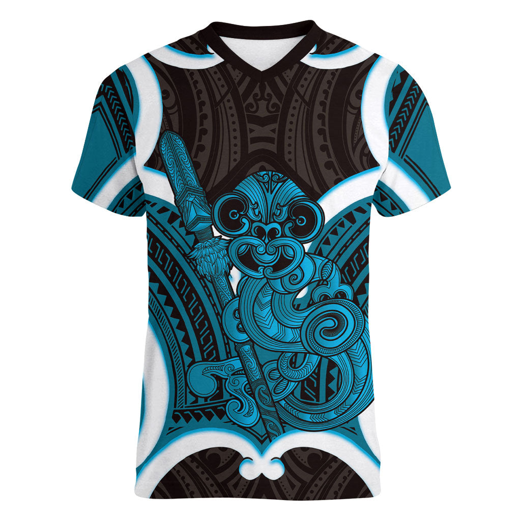 Kikorangi Aotearoa Atua Tumatauenga Personalised Women V-Neck T-Shirt Maori God Of War Tiki With Taiaha
