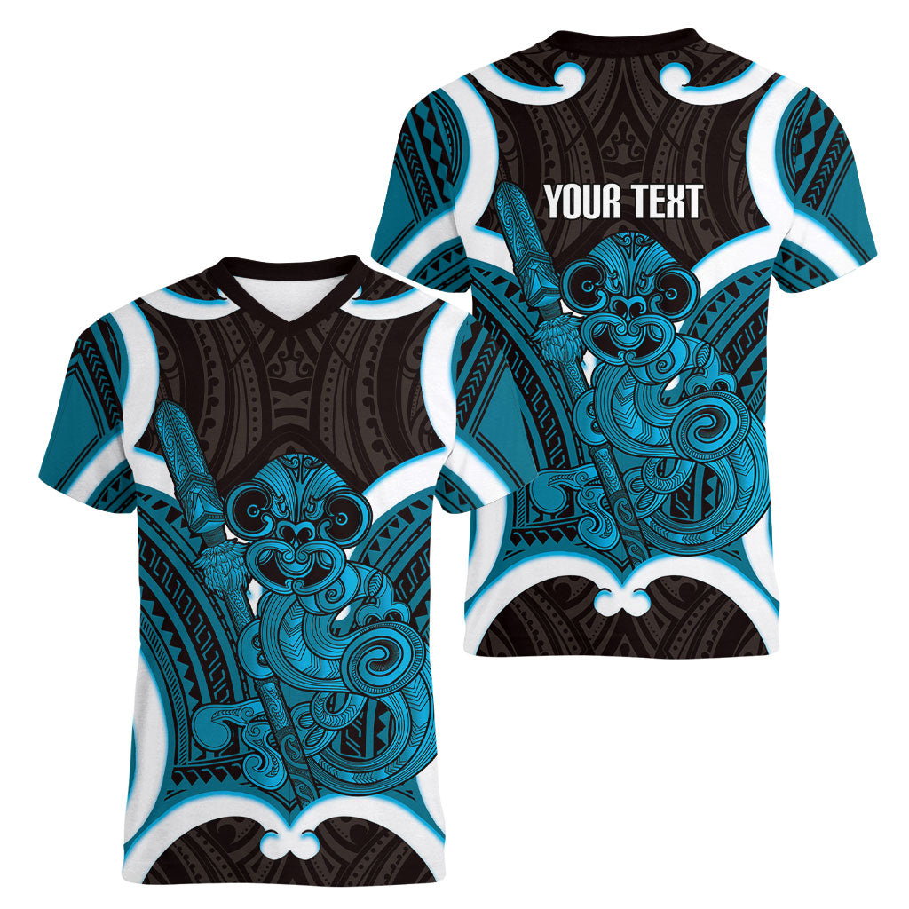 Kikorangi Aotearoa Atua Tumatauenga Personalised Women V-Neck T-Shirt Maori God Of War Tiki With Taiaha