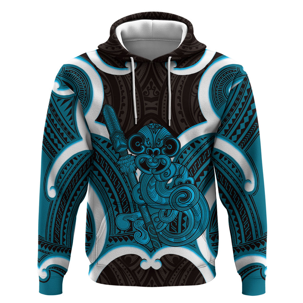 Kikorangi Aotearoa Atua Tumatauenga Personalised Zip Hoodie Maori God Of War Tiki With Taiaha LT14 Pullover Hoodie Blue - Polynesian Pride