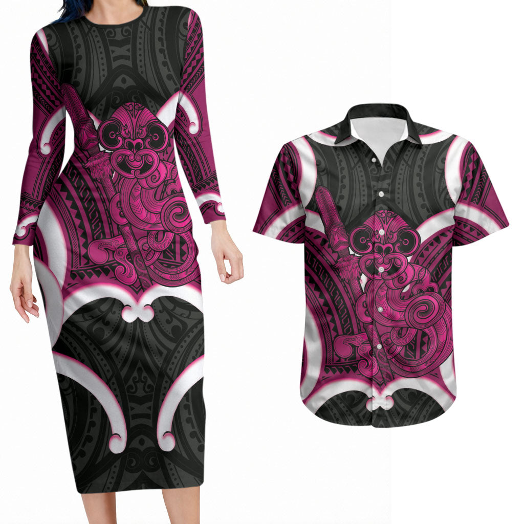 Mawhero Aotearoa Atua Tumatauenga Personalised Couples Matching Long Sleeve Bodycon Dress and Hawaiian Shirt Maori God Of War Tiki With Taiaha LT14 Pink - Polynesian Pride
