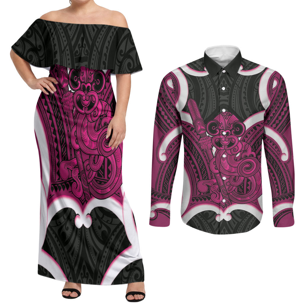 Mawhero Aotearoa Atua Tumatauenga Personalised Couples Matching Off Shoulder Maxi Dress and Long Sleeve Button Shirt Maori God Of War Tiki With Taiaha