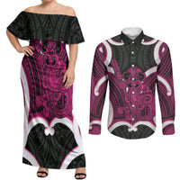Mawhero Aotearoa Atua Tumatauenga Personalised Couples Matching Off Shoulder Maxi Dress and Long Sleeve Button Shirt Maori God Of War Tiki With Taiaha