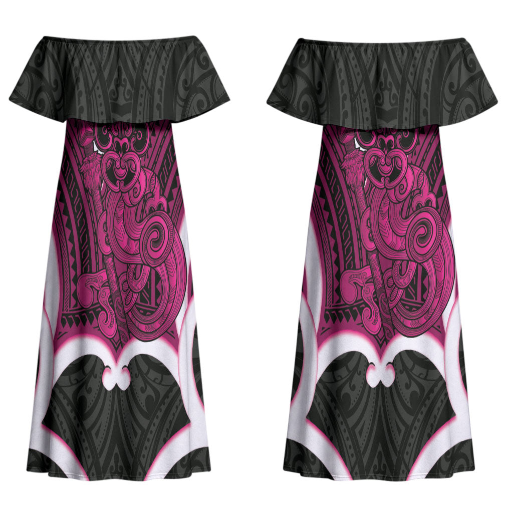 Mawhero Aotearoa Atua Tumatauenga Personalised Couples Matching Off Shoulder Maxi Dress and Long Sleeve Button Shirt Maori God Of War Tiki With Taiaha