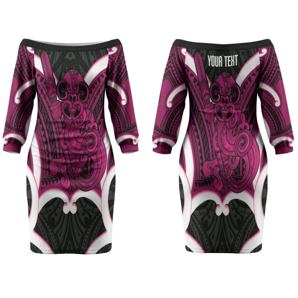 Mawhero Aotearoa Atua Tumatauenga Personalised Couples Matching Off The Shoulder Long Sleeve Dress and Long Sleeve Button Shirt Maori God Of War Tiki With Taiaha LT14 - Polynesian Pride