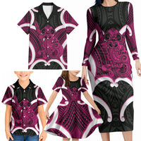 Mawhero Aotearoa Atua Tumatauenga Personalised Family Matching Long Sleeve Bodycon Dress and Hawaiian Shirt Maori God Of War Tiki With Taiaha