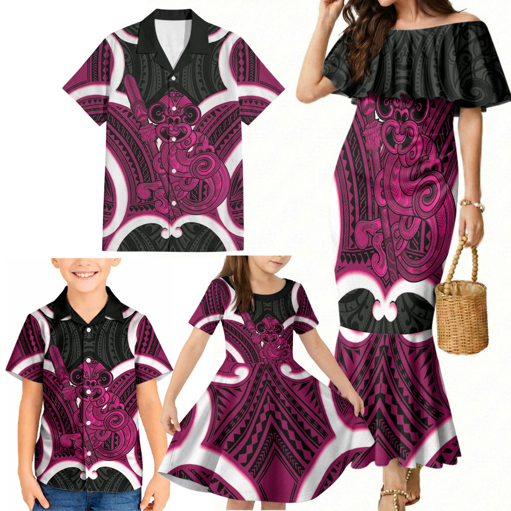 Mawhero Aotearoa Atua Tumatauenga Personalised Family Matching Mermaid Dress and Hawaiian Shirt Maori God Of War Tiki With Taiaha