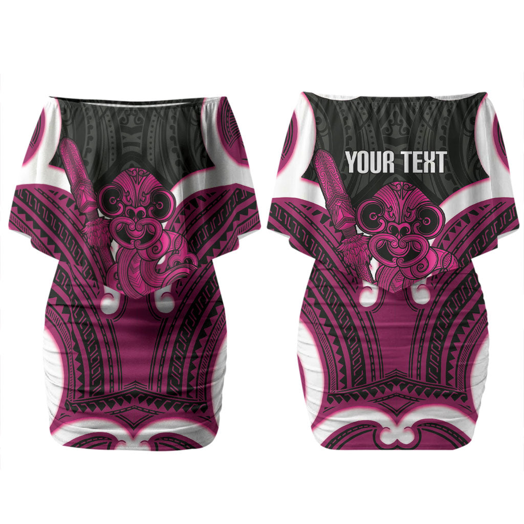 Mawhero Aotearoa Atua Tumatauenga Personalised Family Matching Off Shoulder Short Dress and Hawaiian Shirt Maori God Of War Tiki With Taiaha LT14 Mom's Dress Pink - Polynesian Pride