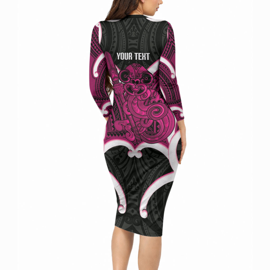 Mawhero Aotearoa Atua Tumatauenga Personalised Long Sleeve Bodycon Dress Maori God Of War Tiki With Taiaha LT14 - Polynesian Pride